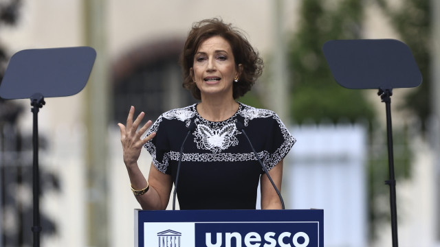 Director General Audrey Azoulay delivers a speech during a ceremony at the UNESCO headquarters in Paris, France, 25 July 2023.